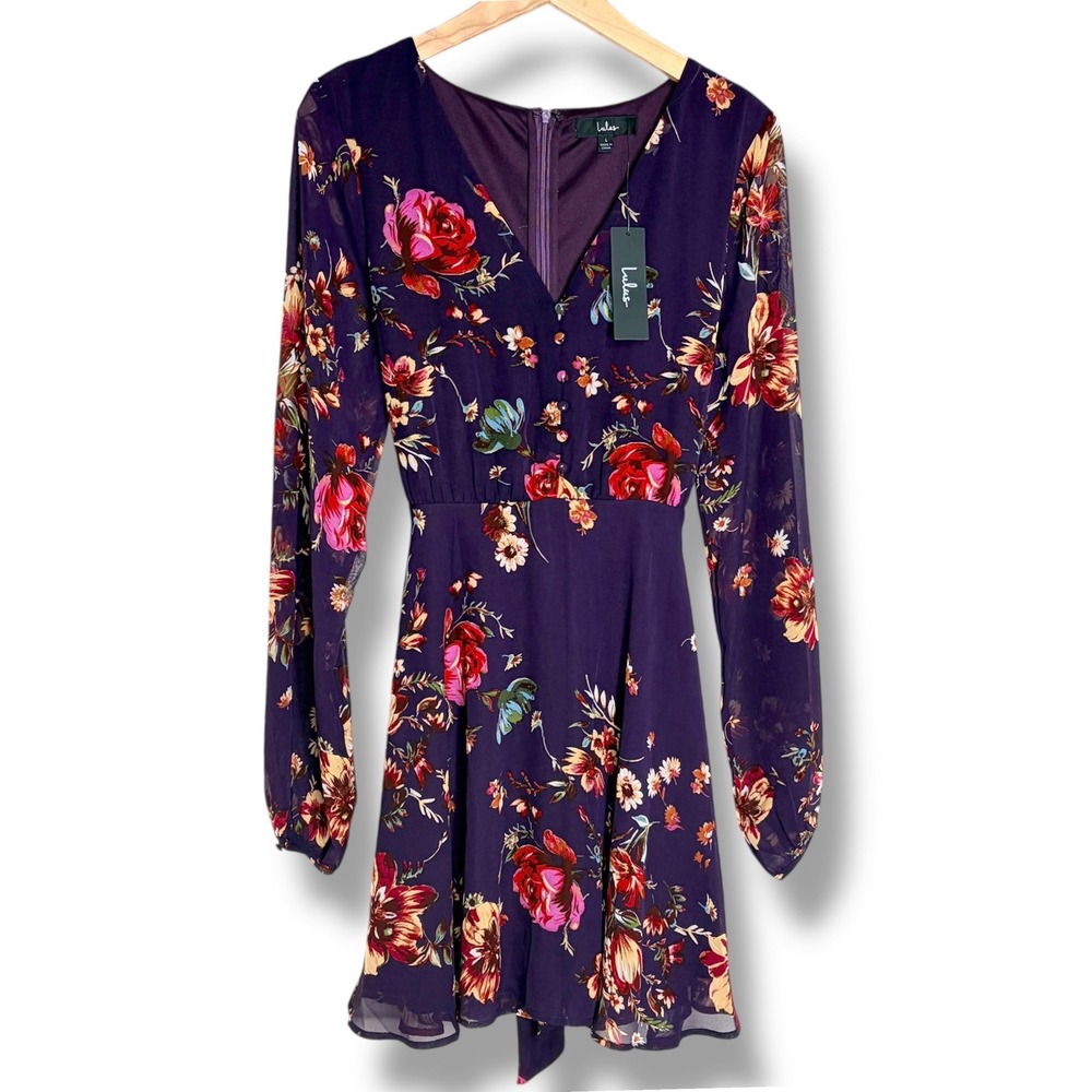 Lulus Floral Mini Dress L Plum Purple Long Sleeve V-Neck Fit & Flare Chiffon NEW